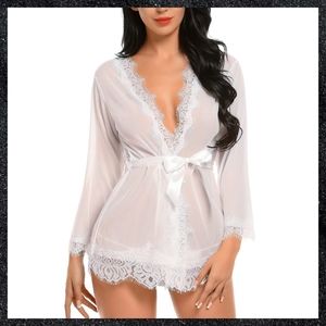 White Sheer Chiffon Eyelash Lace Trim Robe
